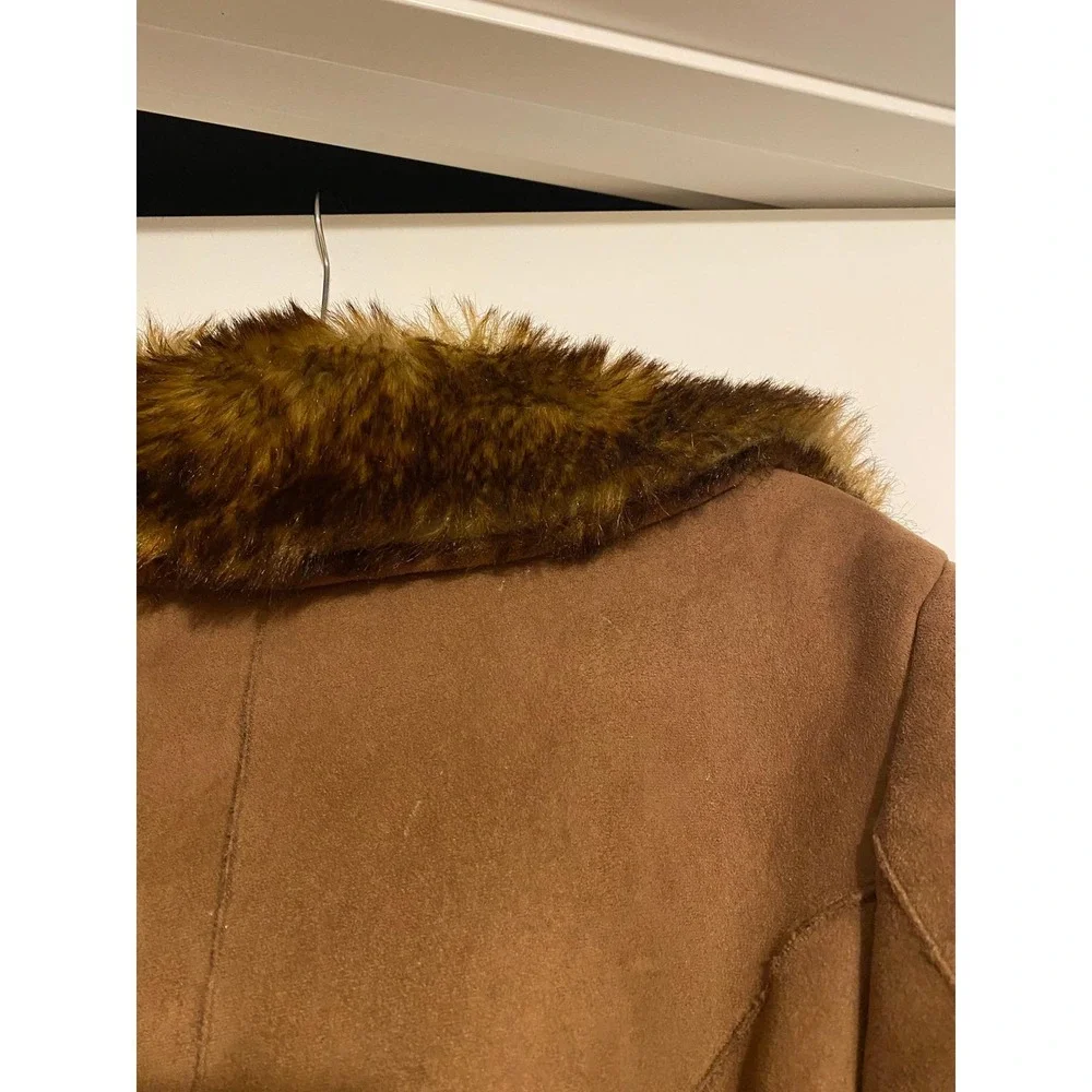 Vintage Penny Lane Suede Fur Trim Brown Coat Medium Boho Y2K 1990's Winter Cabin